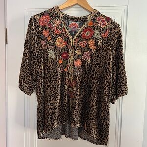 Johnny Was Taline Easy V Neck Embroidered Velvet Cheetah Print